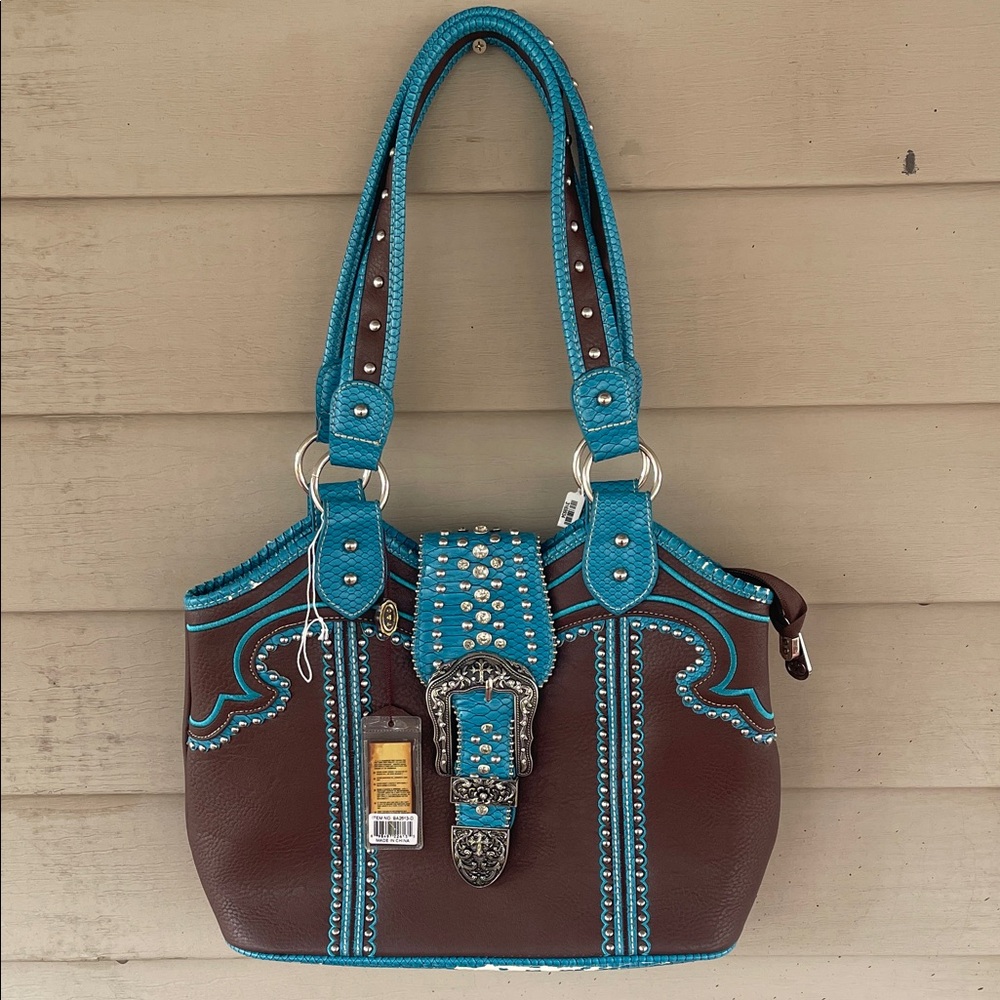 Turquoise Accent Brown Tote Bag with Studded Buckle